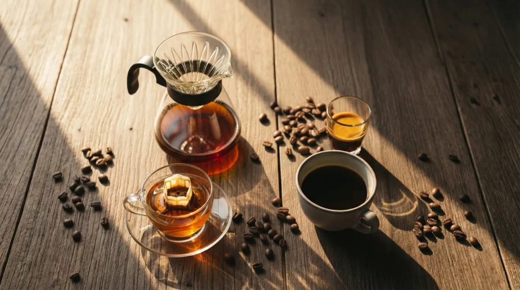 الفرق بين القهوة المقطرة والبلاك كوفي: إبريق تقطير وكوب قهوة سوداء مع حبوب بن، مقارنة بصرية للطعم والقوام وطرق التحضير.