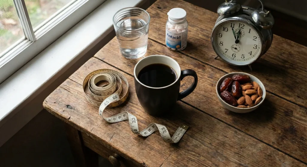 فوائد القهوة السادة وأضرارها: كوب قهوة سوداء بجوار ماء ودواء حموضة وساعة وشريط قياس وتمور ولوز—صورة توازن الطاقة مع الانتباه للمعدة.