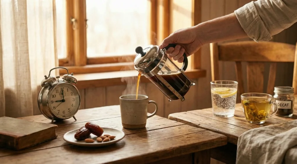 كيفية تقليل الكافيين في الجسم: سكب قهوة من فرنش برس مع ساعة توقيت وكوب ماء بالليمون وديكاف وشاي—روتين ذكي لتخفيف المنبهات.