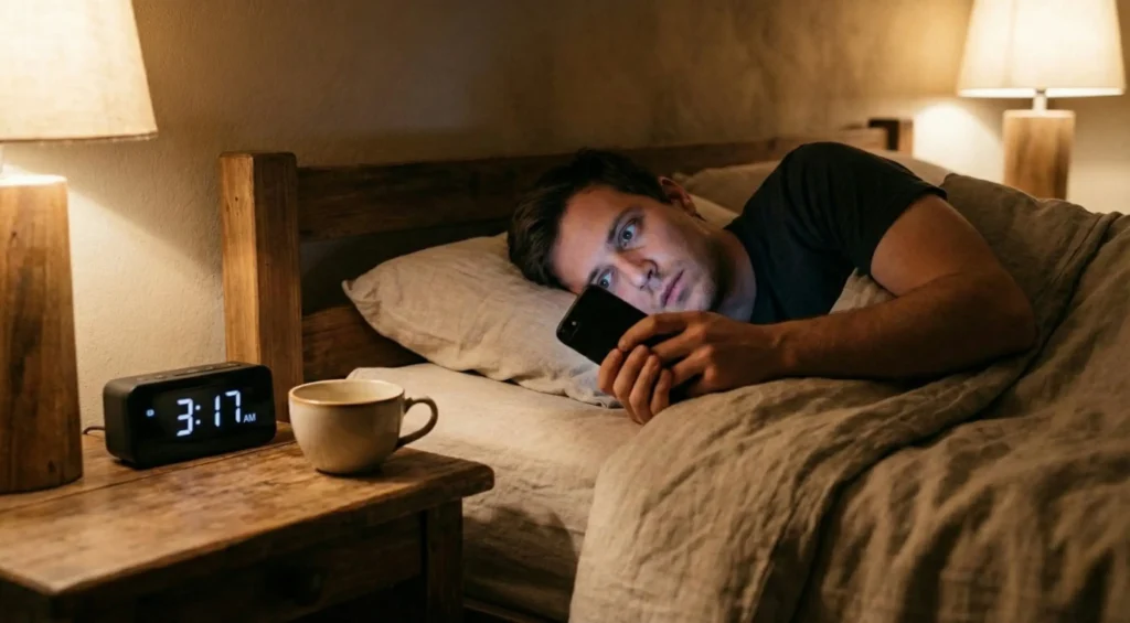 مدة مفعول القهوة في الجسم: رجل مستيقظ 3:17 صباحًا يتصفح الهاتف وبجواره فنجان قهوة، دلالة على تأثير الكافيين على النوم.