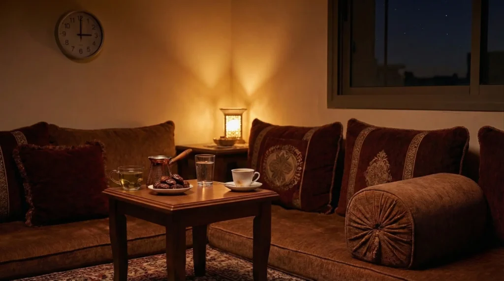 مجلس رمضاني دافئ مع فنجان قهوة وتمر وماء وفانوس ليلي يعبّر عن افضل وقت لشرب القهوة في رمضان بعد الإفطار.