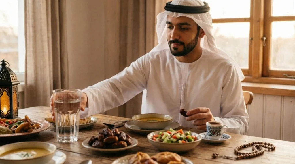 رجل بزي خليجي يفطر بالماء والتمر على مائدة رمضانية وبجانبه فنجان قهوة، يوضح خيارًا صحّيًا قبل الإفطار على القهوة.