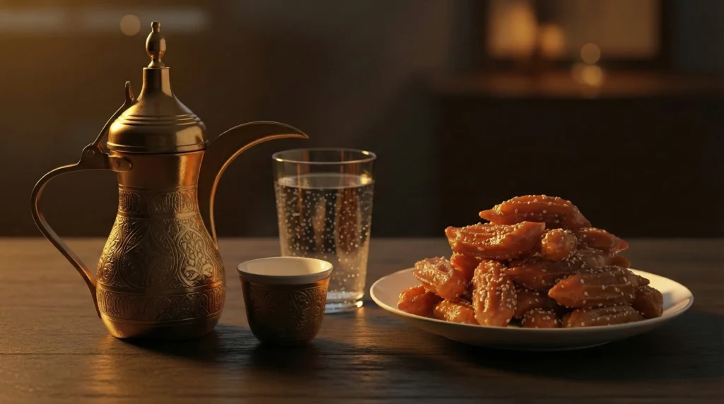 دلة قهوة عربية مع كوب ماء وحلوى على مائدة الإفطار، تعكس طرق تقليل العطش والجفاف في رمضان عبر توازن السوائل وتوقيت القهوة.