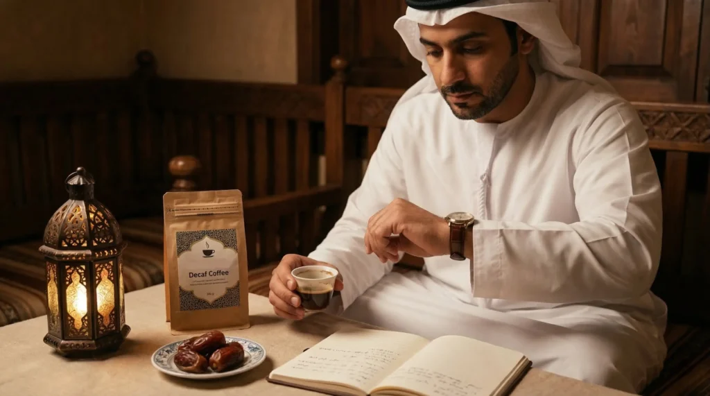 رجل بزي خليجي يشرب قهوة “Decaf” بجوار تمر وفانوس ويُراجع الوقت، مشهد يوضح اختيار القهوة منزوعة الكافيين في رمضان بتوقيت ذكي.