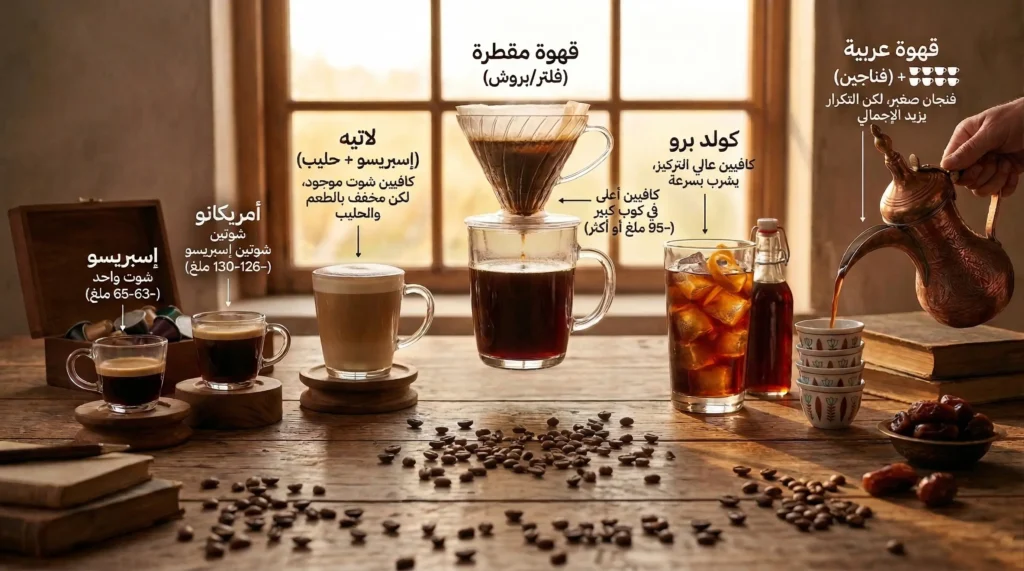 إنفوجرافيك يقارن الكافيين في القهوة: إسبريسو، أمريكانو، لاتيه، قهوة مقطرة، كولد برو، وقهوة عربية—لشرح اي نوع من القهوة يحتوي على كافيين اكثر.