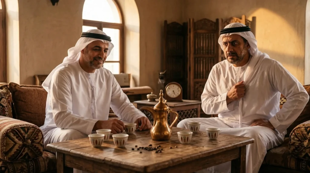 رجلان يشربان القهوة العربية في مجلس؛ أحدهما يبدو متوترًا يمسك صدره، مشهد يوضح تاثير القهوة على الجهاز العصبي واختلاف الاستجابة للكافيين.