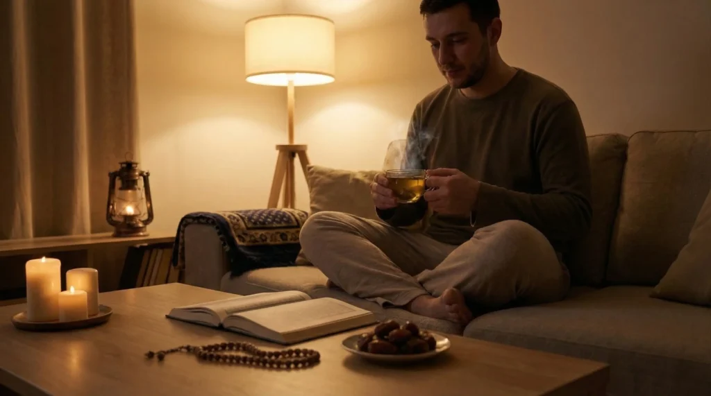 رجل يجلس بهدوء ليلًا يشرب مشروبًا دافئًا ويقرأ بجوار تمر ومسبحة، مشهد يعكس عادات تساعد على تحسين جودة النوم في رمضان.