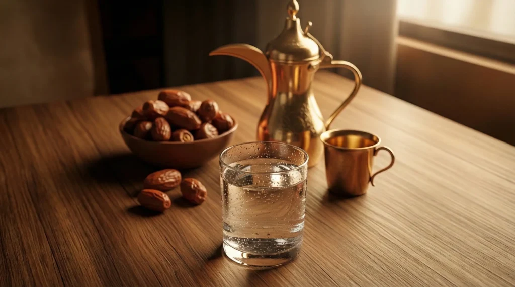 كأس ماء مع تمر ودلّة قهوة على طاولة رمضانية، يوضح دور الترطيب وتوقيت القهوة في تقليل صداع القهوة اثناء الصيام.