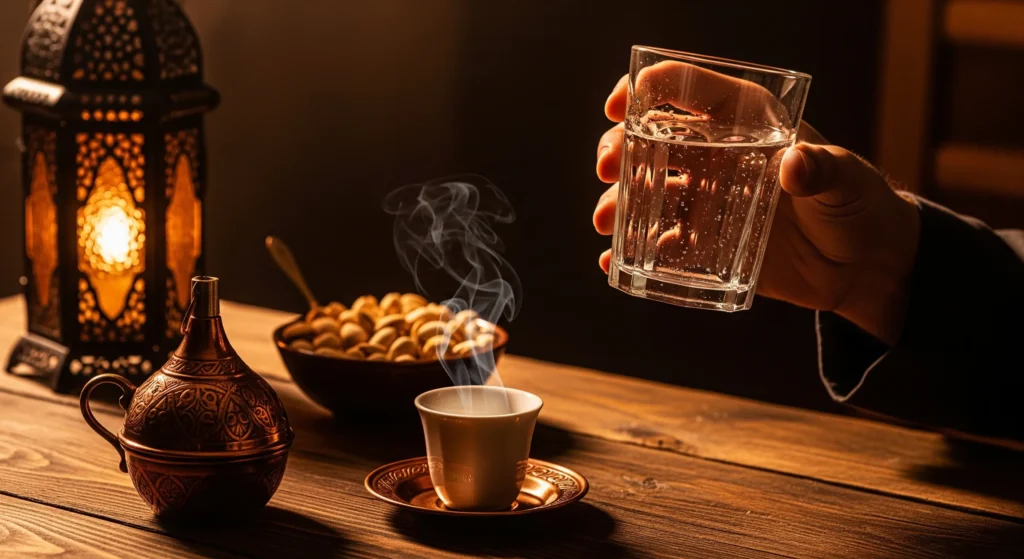فنجان قهوة رمضان يد تمسك كوب ماء بجوار فنجان قهوة رمضان الساخن ودلّة وفانوس رمضاني—مشهد يوضح أهمية التوازن بين القهوة والترطيب بعد الإفطار.
