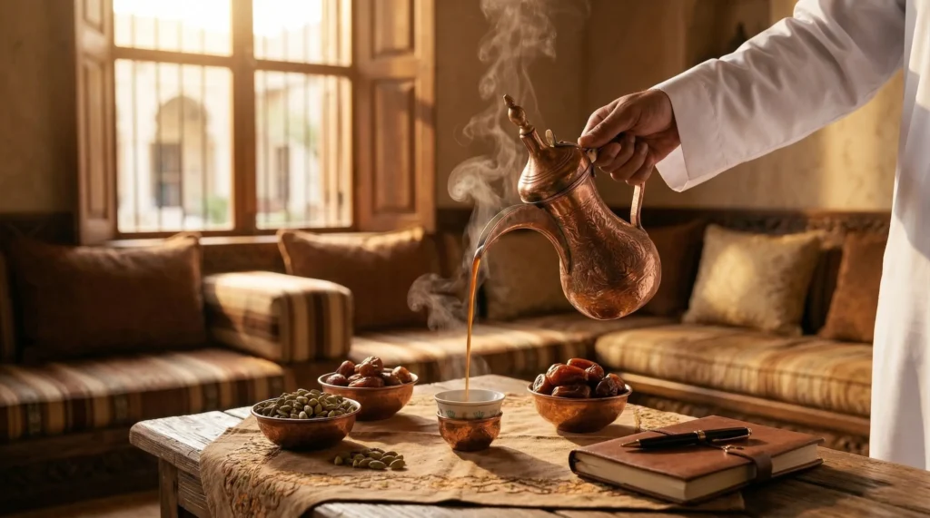 صب القهوة العربية من دلة نحاسية لفنجان مع تمر وهيل في مجلس تقليدي، مشهد يبرز فوائد القهوه العربيه للجسم ضمن طقوس الضيافة.