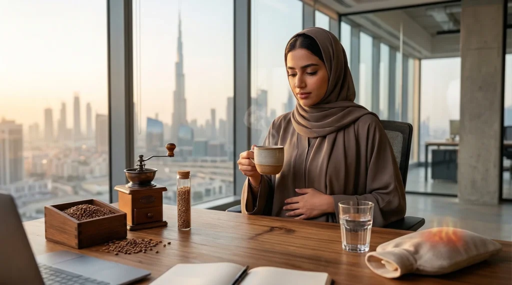 امرأة تشرب قهوة الشعير في مكتب بإطلالة مدينة مع ماء وحبوب، مشهد يبرز فوائد قهوة الشعير للدورة الشهرية كبديل خفيف يساعد على الراحة.