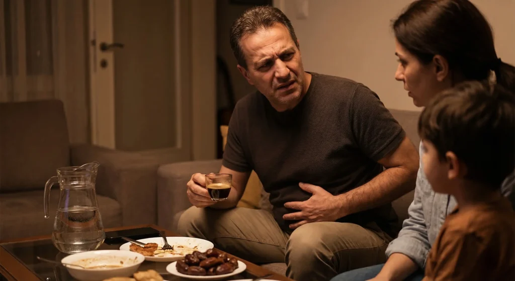 رجل يمسك معدته وهو يشرب قهوة بعد الفطار وسط الأسرة، مع تمر وماء على الطاولة—مشهد يوضح الحموضة والانزعاج بعد القهوة.