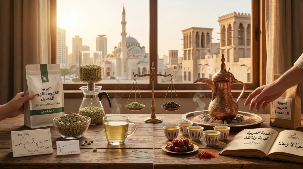 إنفوجرافيك يقارن القهوة الخضراء وحبوبها مع القهوة العربية ودلتها وفناجينها، يوضح الفرق بين القهوه العربيه والقهوه الخضراء في التحميص والفوائد.