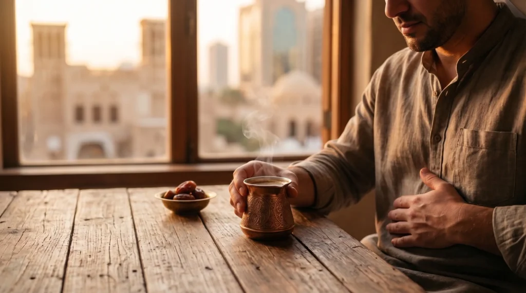 رجل يمسك بطنه بينما يشرب قهوة ساخنة بجوار تمر، مشهد يوضح تاثير القهوة على الجهاز الهضمي مثل الحموضة أو تهيّج المعدة عند البعض.