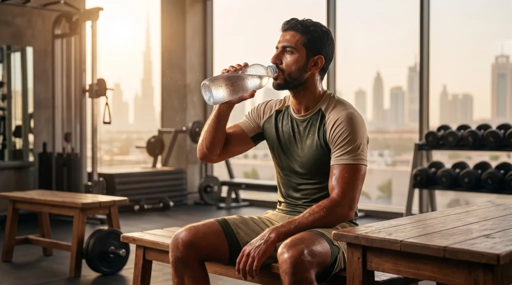 شرب القهوة أثناء التمرين: رياضي يلتقط أنفاسه ويشرب الماء في الجيم بعد تمرين قوي مع أوزان وخلفية معدات.