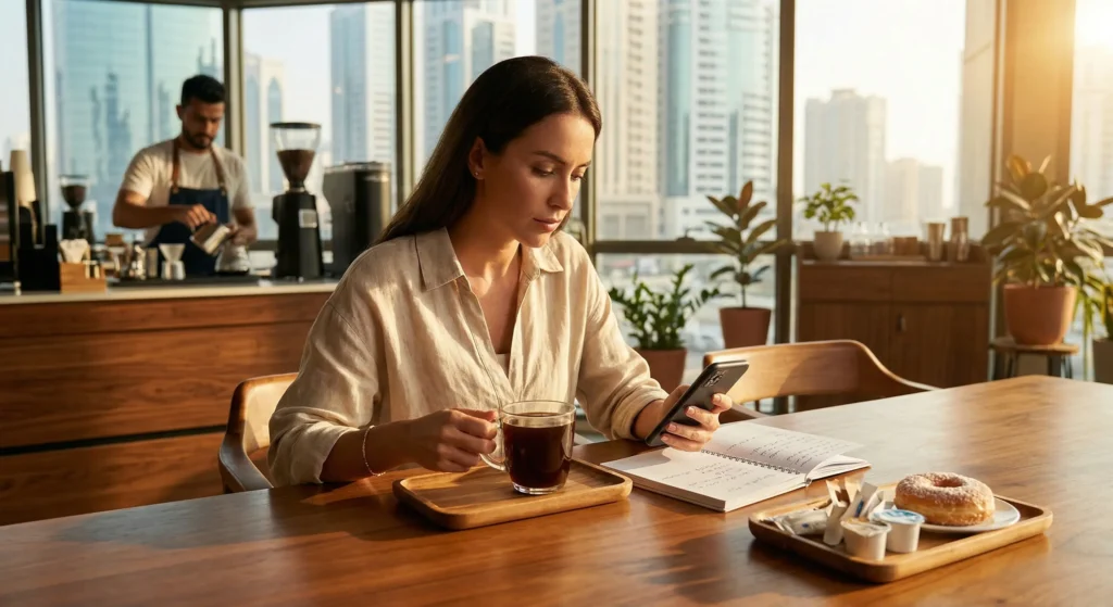 امرأة تشرب قهوة أمريكية سوداء في مقهى وتتابع هاتفها مع دفتر ملاحظات، مشهد يوضح فوائد القهوة الأمريكية للتخسيس عند شربها بدون سكر.