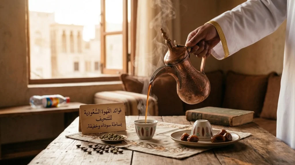 صب القهوة السعودية من دلة نحاسية لفنجان صغير مع تمر وهيل على طاولة، مشهد يوضح فوائد القهوة السعودية للتنحيف عند شربها سادة.