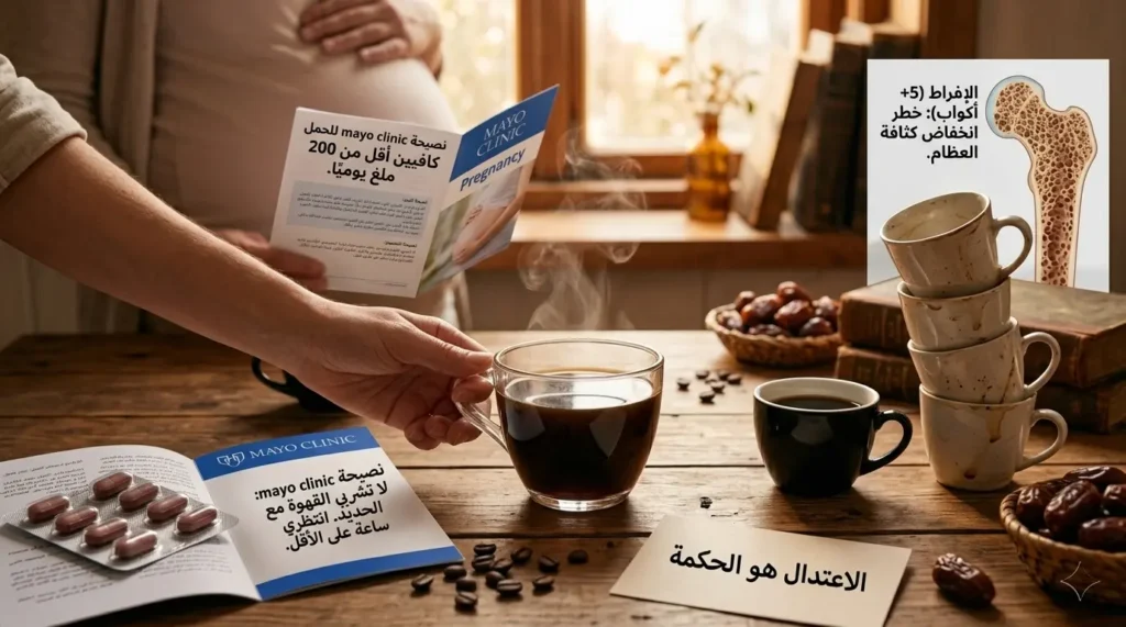 امرأة حامل تقرأ إرشادات Mayo Clinic عن الكافيين مع فنجان قهوة سوداء ولافتة الاعتدال؛ فوائد القهوة السوداء للنساء.