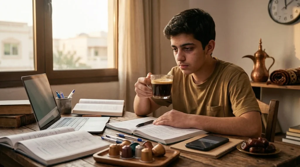 مراهق يذاكر على مكتب مع لابتوب وكتب ويمسك كوب قهوة، مشهد يوضح فوائد القهوة للمراهقين وتأثيرها على التركيز والطاقة عند الاعتدال.