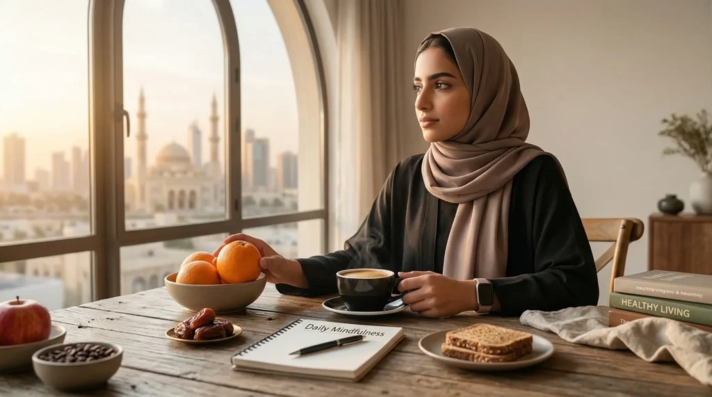 امرأة تجلس صباحًا مع فنجان قهوة وفطور خفيف من فاكهة وتمر وخبز، مشهد يوضح فوائد القهوة للنساء للتخسيس ضمن روتين صحي متوازن.