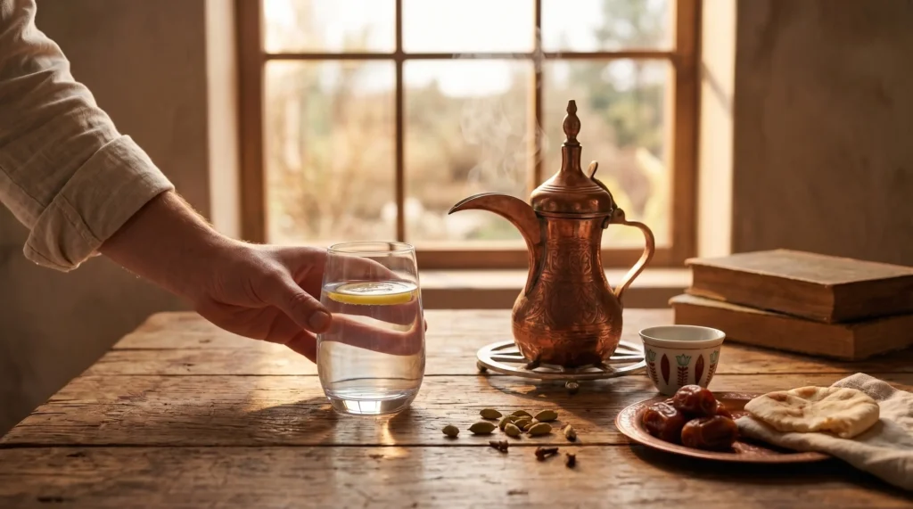 افضل طريقة لشرب القهوة: كوب ماء مع شريحة ليمون قبل القهوة العربية بجانب تمر وهيل على طاولة خشبية.