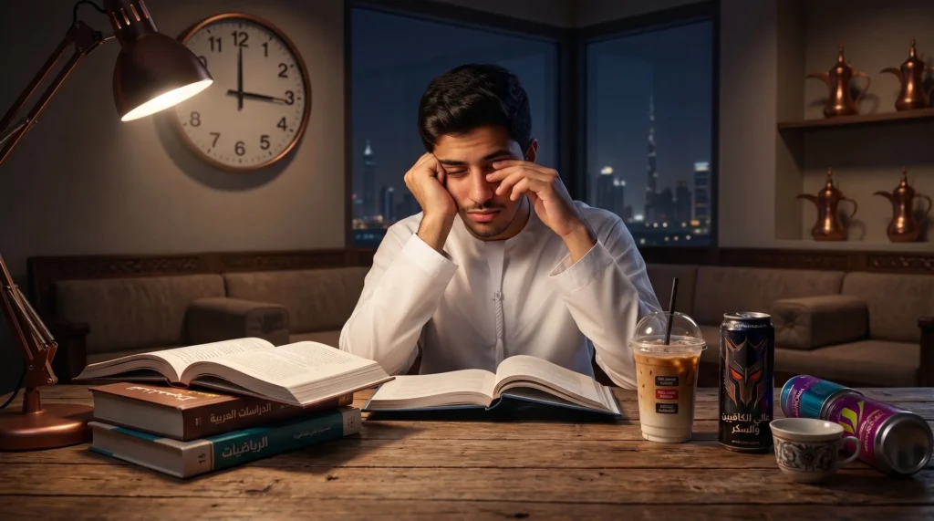 السن المناسب لشرب القهوة: طالب يسهر للمذاكرة مع قهوة باردة ومشروب طاقة، يوضح تأثير الكافيين على نوم المراهقين.
