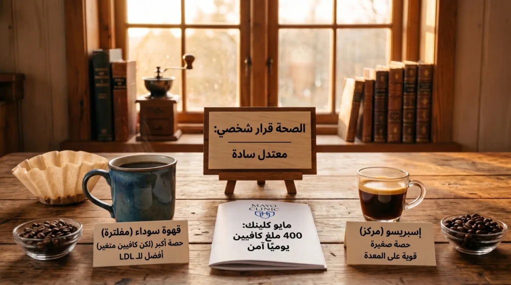 الفرق بين القهوة السوداء والاسبريسو على طاولة: كوب قهوة فلتر وكوب إسبرسو صغير مع توضيح الاعتدال والكافيين.