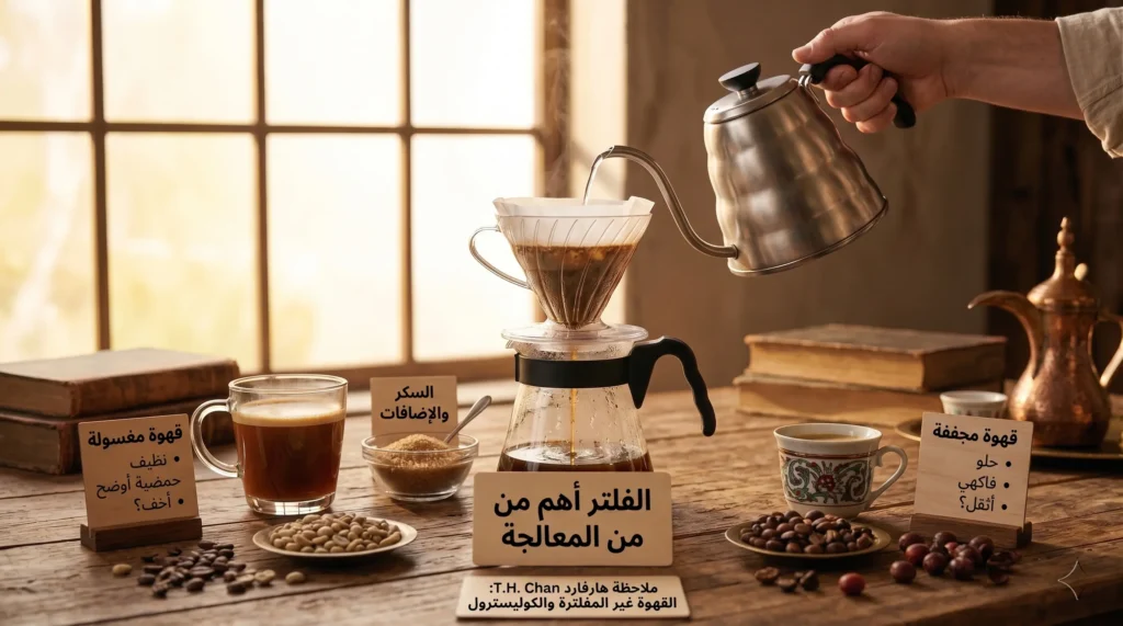 الفرق بين القهوة المغسولة والمجففة في تحضير فلتر بالتقطير، مع إبراز حبوب وملاحظات الطعم على الطاولة.