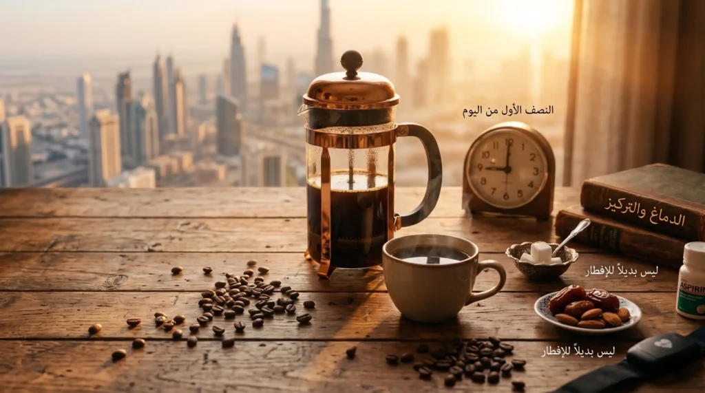 القهوة الفرنسية فوائدها في صورة فرنش برس وكوب قهوة صباحي مع ساعة وكتب وحبوب بن—لتركيز اليوم بشرط ألا تكون بديلاً للإفطار.