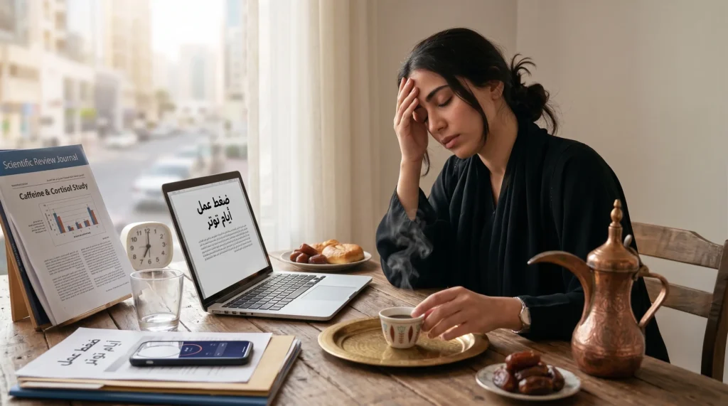 امرأة مرهَقة في العمل تمسك رأسها بجانب فنجان قهوة وأوراق عن الكافيين والكورتيزول؛ تأثير القهوة على الهرمونات.