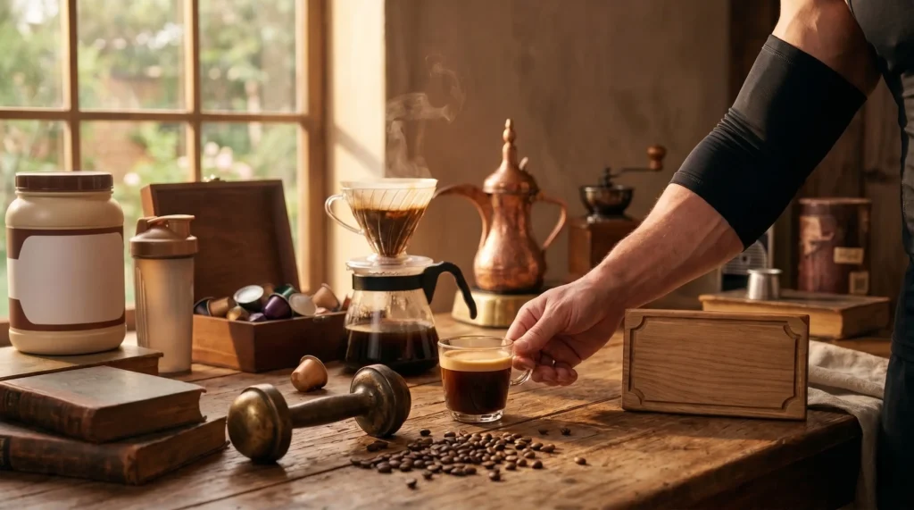 شرب القهوة قبل الجيم: رياضي يمسك فنجان قهوة بجانب دمبل وحبوب قهوة وأداة تقطير.