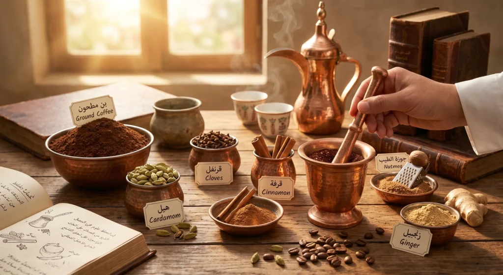 فوائد القهوه المحوجه: مزيج بن مطحون مع هيل وقرفة وقرنفل وزنجبيل وجوزة الطيب يُحضَّر في الهاون بجانب دلة.