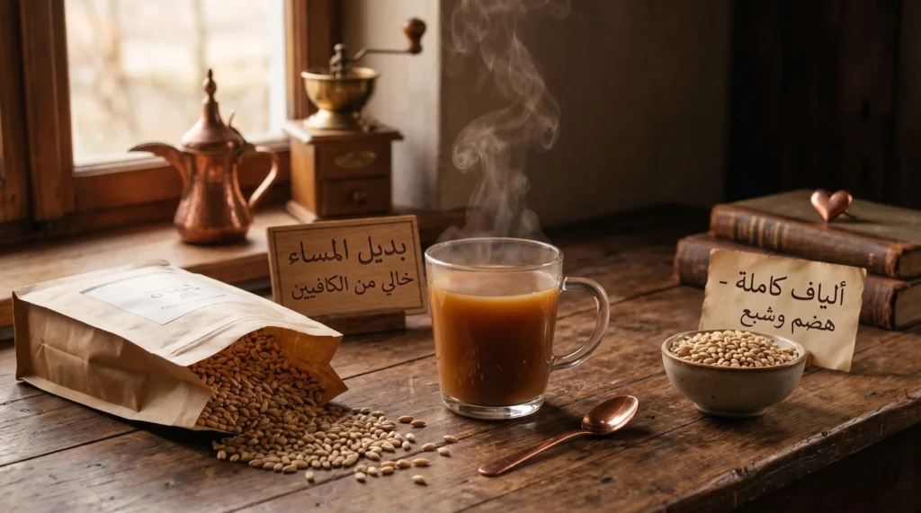 فوائد قهوة الشعير للرحم فوائد قهوة الشعير للرحم: كوب قهوة شعير ساخنة يتصاعد منه البخار مع حبوب شعير على الطاولة ولافتة «بديل المساء خالي من الكافيين».