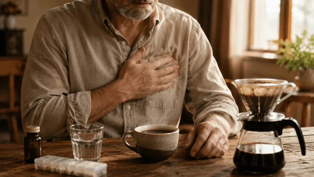 رجل يشعر بانزعاج في الصدر بجانب كوب قهوة سوداء ومقطرة يوضح أضرار القهوة السوداء على القلب عند الإفراط