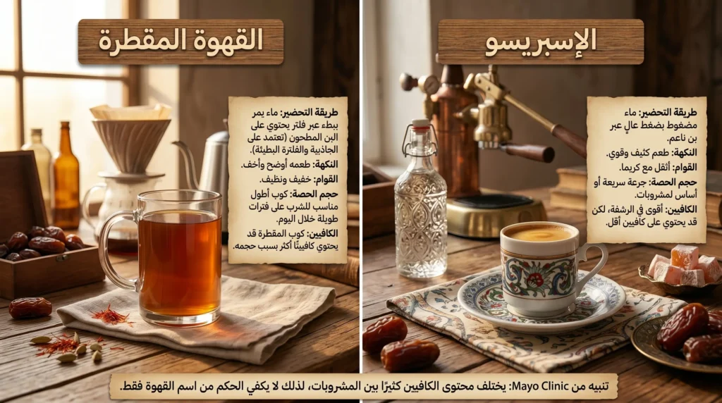 إنفوجرافيك يوضح الفرق بين القهوة المقطرة والاسبريسو في التحضير والطعم والكافيين لاختيار الكوب الأنسب لك