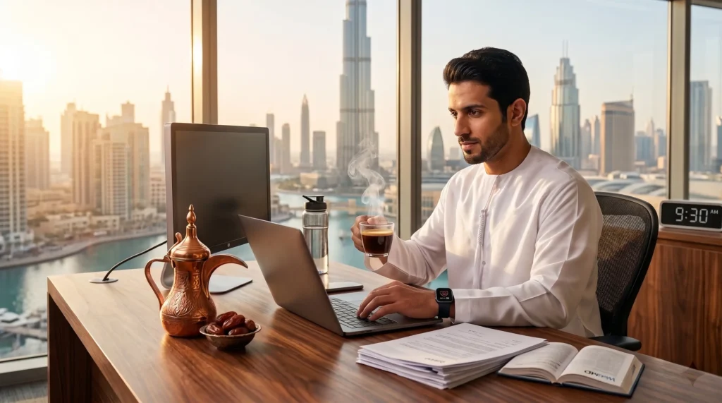 رجل يعمل أمام لابتوب في مكتب بإطلالة دبي وهو يشرب القهوة، في مشهد يوضح كيف القهوة تحرق السعرات الحرارية مع النشاط اليومي