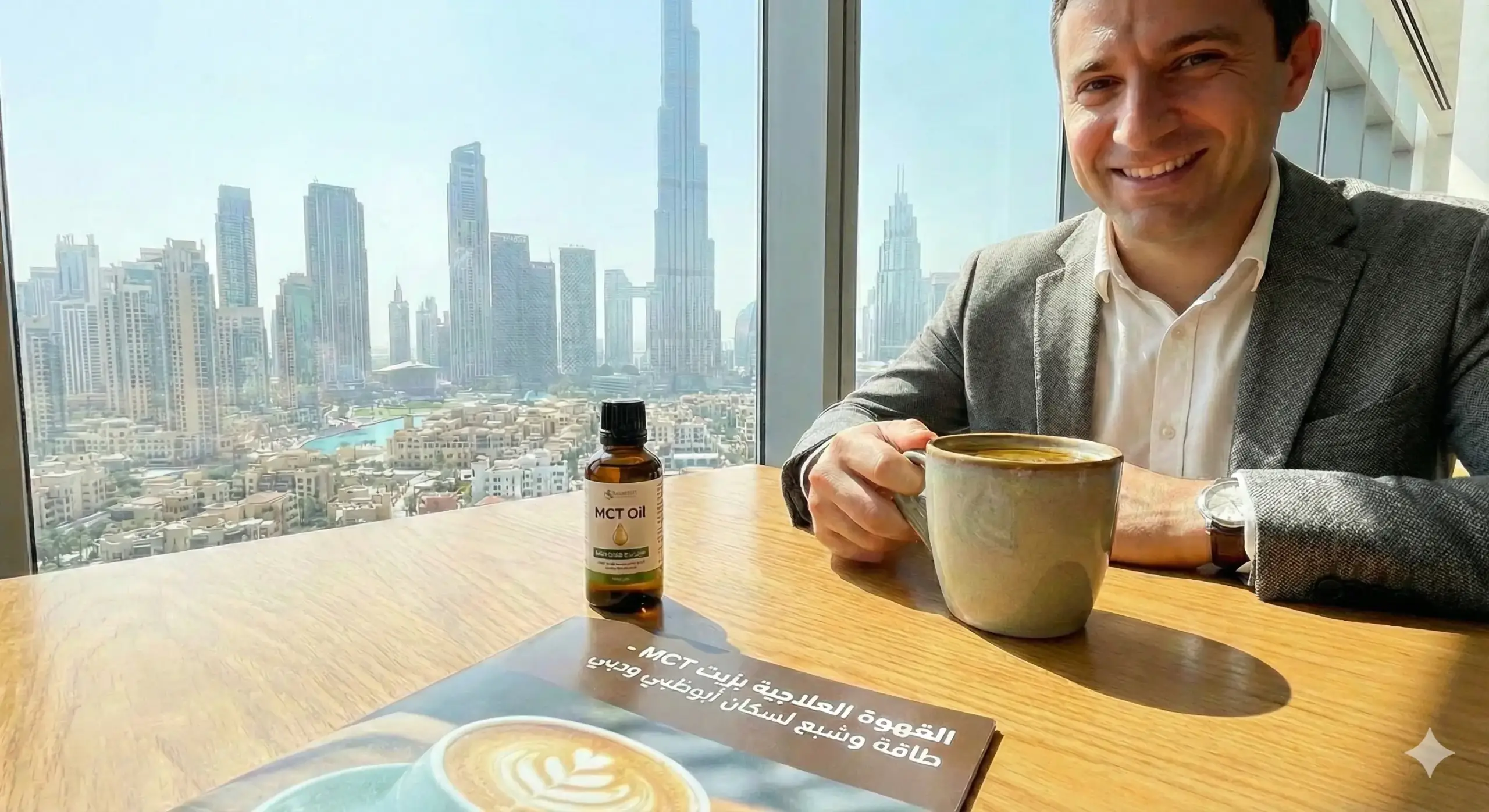 رجل في دبي يشرب القهوة العلاجية بزيت MCT مع زجاجة MCT على الطاولة وإطلالة برج خليفة—طاقة وشبع بنكهة ناعمة.