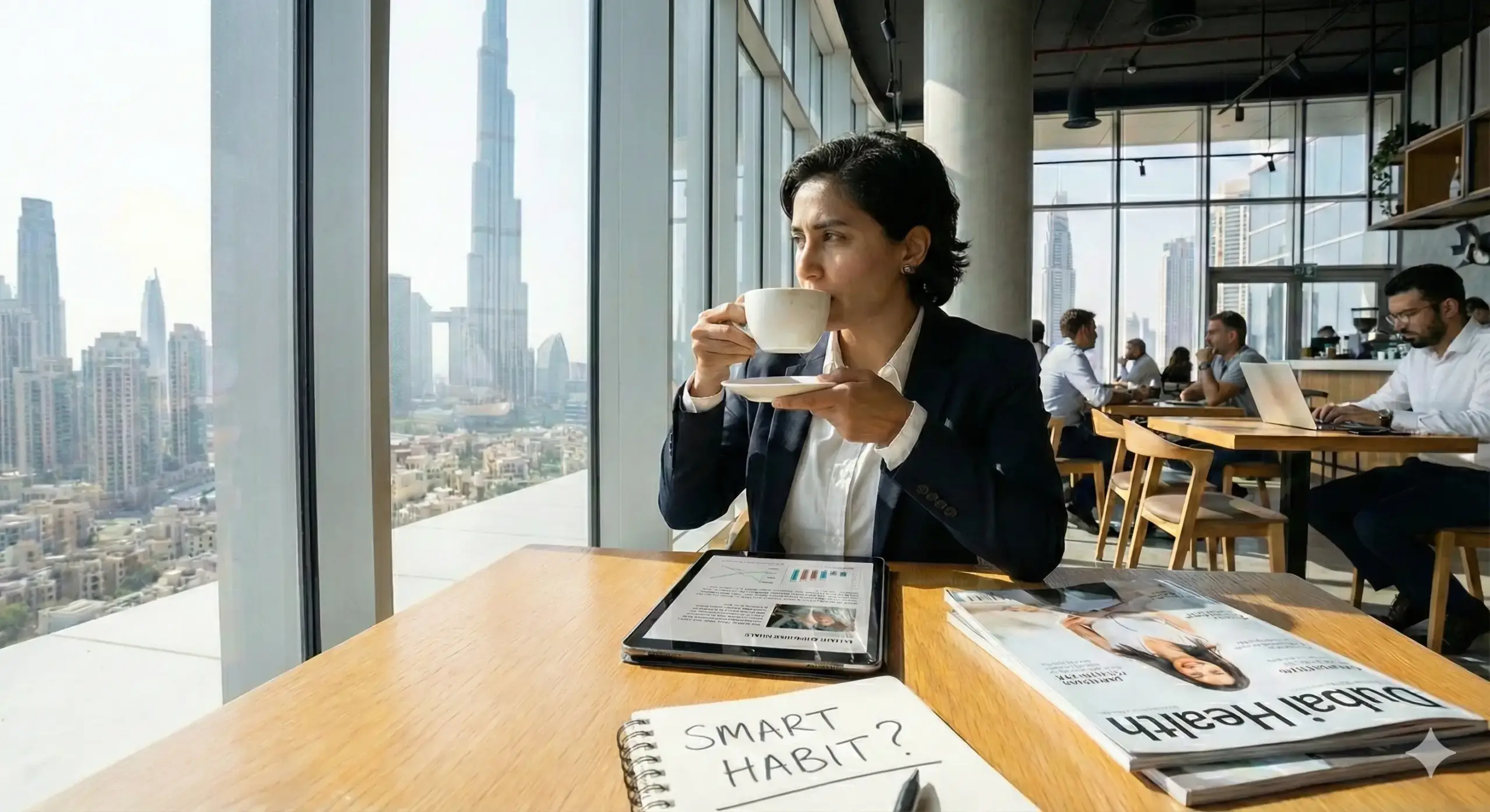 سيدة تشرب القهوة في مقهى بدبي مع إطلالة برج خليفة، وتقرأ على تابلت عن فوائد القهوة للصحة العامة.