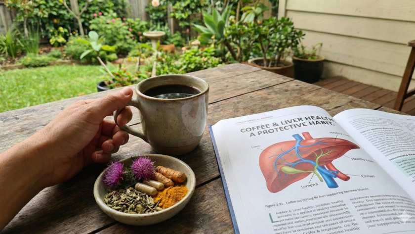 يد تمسك كوب قهوة بجوار كتاب عن الكبد ووعاء أعشاب على طاولة خشب في الحديقة — الصحة العامة و القهوة للكبد.