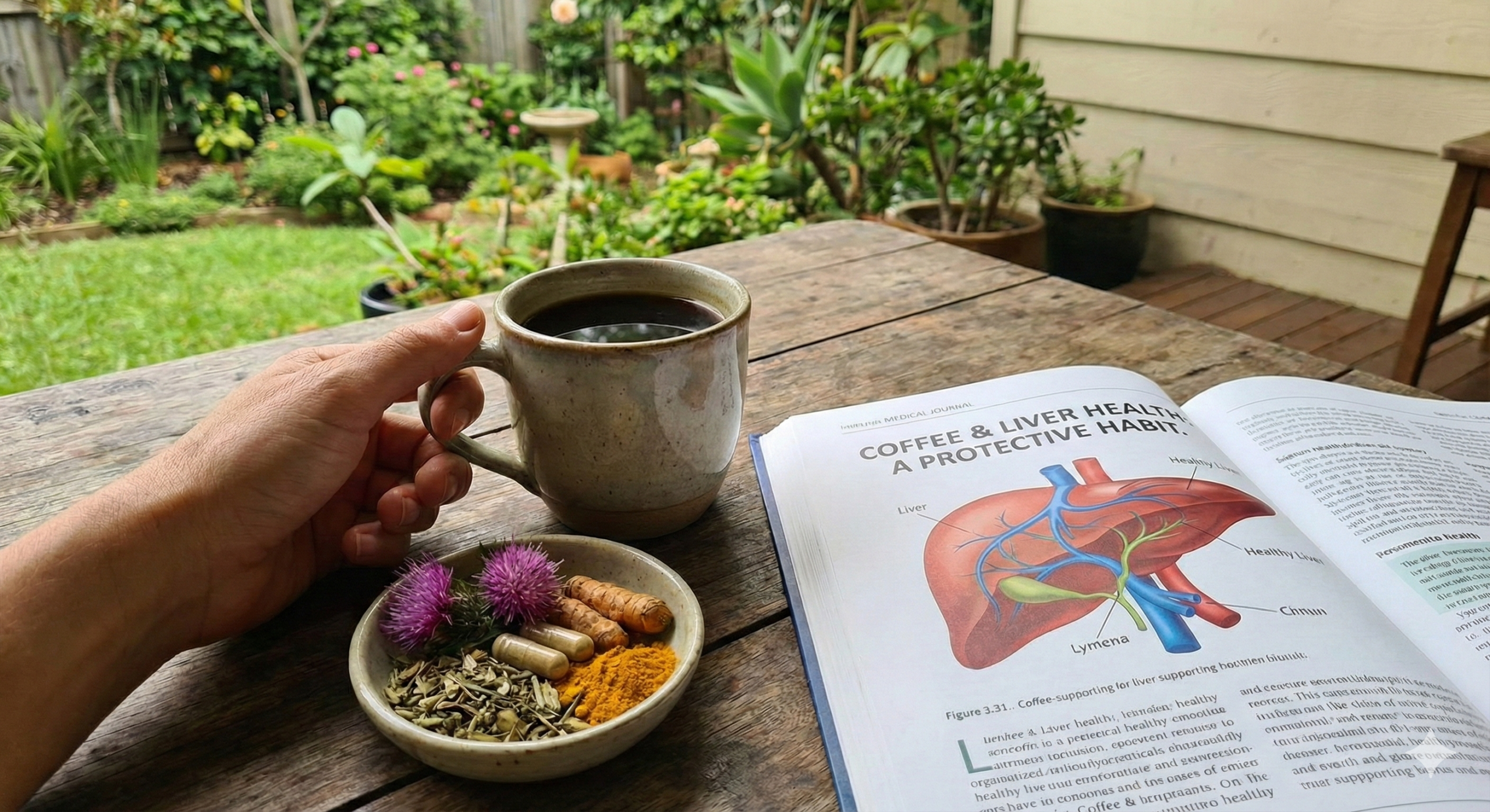 يد تمسك كوب قهوة بجوار كتاب عن الكبد ووعاء أعشاب على طاولة خشب في الحديقة — الصحة العامة و القهوة للكبد.