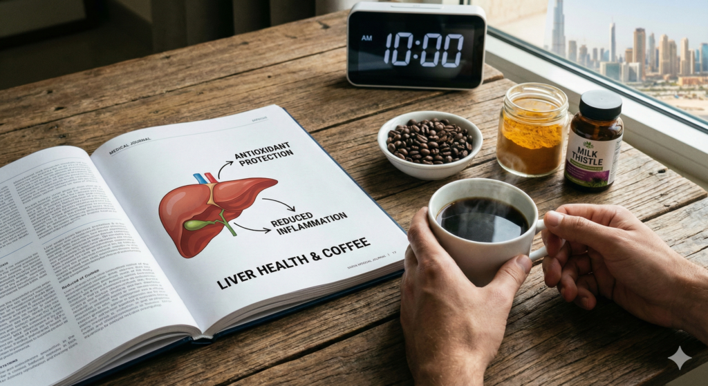 يد تمسك كوب قهوة بجوار كتاب عن صحة الكبد وحبوب قهوة وكركم وحليب الشوك—الصحة العامة و القهوة للكبد.