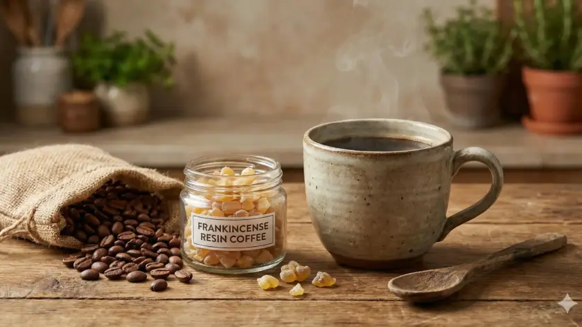 كوب قهوة ساخن بجوار برطمان راتنج لبان الدكر وحبوب بن—صورة توضح القهوة العلاجية بالراتنج بطابع منزلي دافئ.