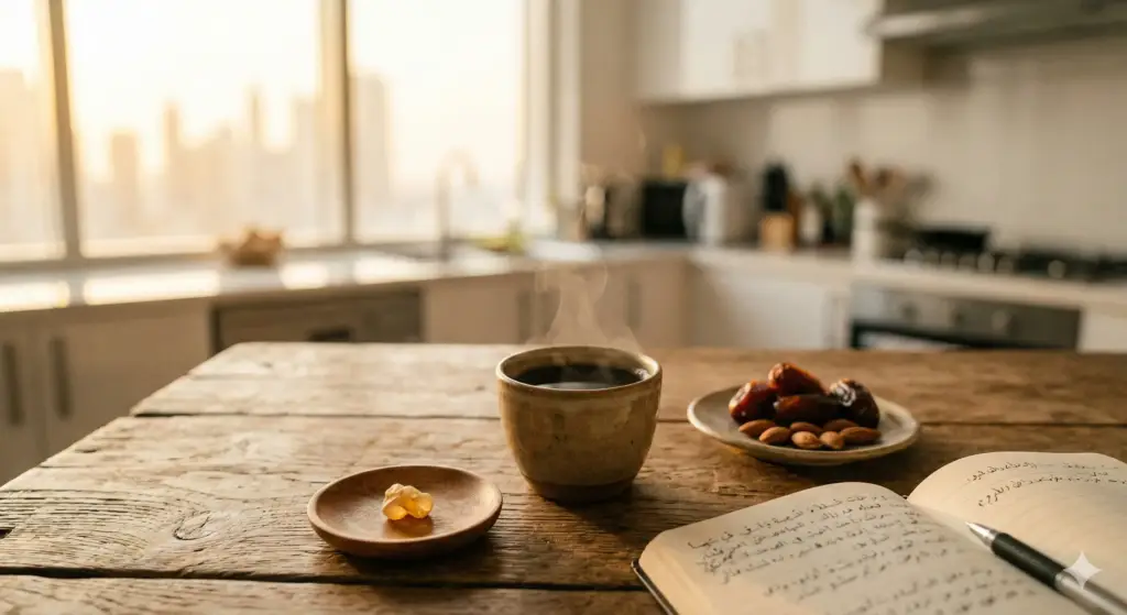 كوب قهوة ساخن على طاولة خشبية مع قطعة راتنج لبان الدكر وتمور ومكسرات ودفتر ملاحظات—مشهد القهوة العلاجية بالراتنج في المنزل.