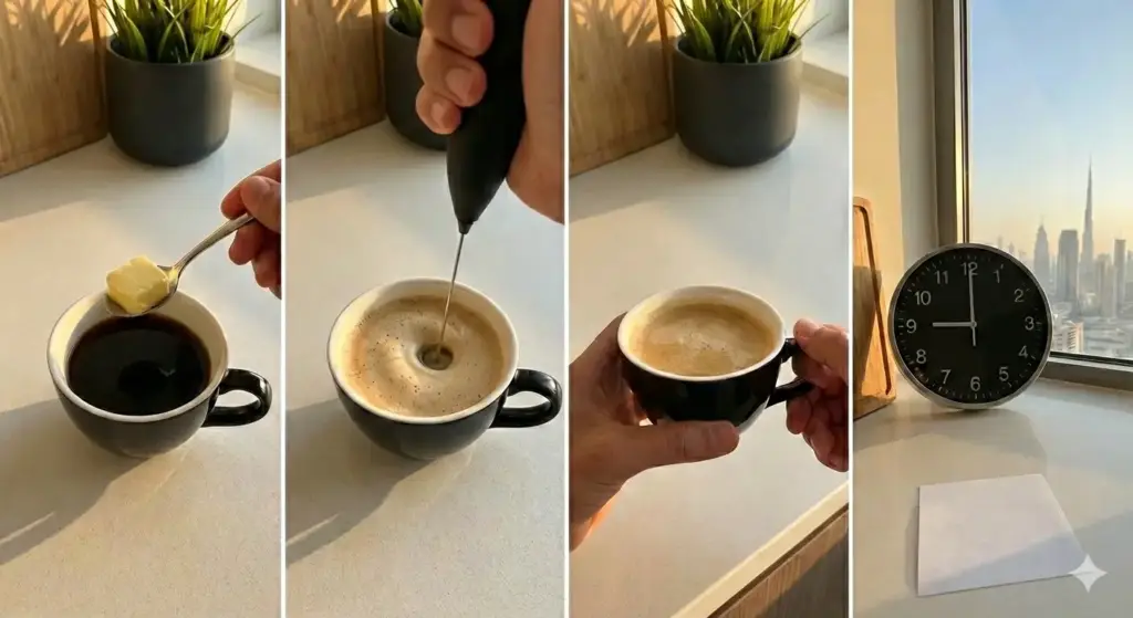خطوات تحضير القهوة العلاجية بالزبدة: إضافة الزبدة، خفقها، ثم تقديمها بقوام كريمي في الصباح.