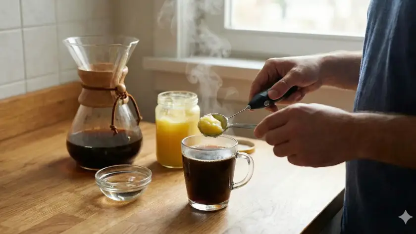 تحضير القهوة العلاجية بالزبدة في المنزل بإضافة الزبدة إلى كوب قهوة ساخن لزيادة القوام والشبع.