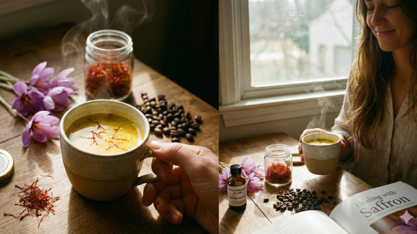 سيدة تحتسي القهوة العلاجية بالزعفران مع خيوط زعفران وعلبة زعفران وحبوب قهوة على طاولة خشبية قرب النافذة.