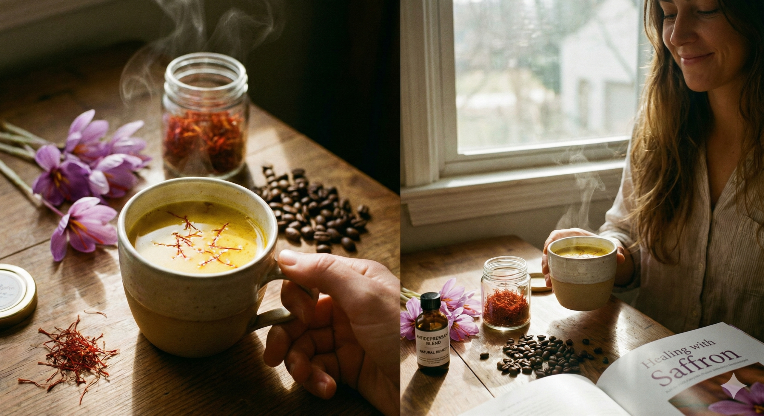 سيدة تحتسي القهوة العلاجية بالزعفران مع خيوط زعفران وعلبة زعفران وحبوب قهوة على طاولة خشبية قرب النافذة.