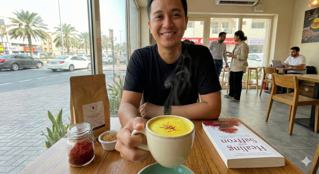 رجل في مقهى يمسك كوب القهوة العلاجية بالزعفران الساخنة مع خيوط زعفران، وبجواره برطمان زعفران وكتاب عن الزعفران.