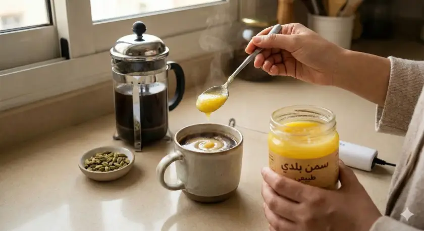 القهوة العلاجية بالسمن البلدي: بديل كريمي أخف؟ وطريقة تحضير لا تتعب المعدة
