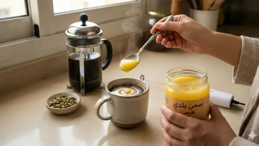 تحضير القهوة العلاجية بالسمن البلدي: إضافة ملعقة سمن طبيعي إلى قهوة سوداء ساخنة للحصول على قوام أغنى وشعور بالشبع.